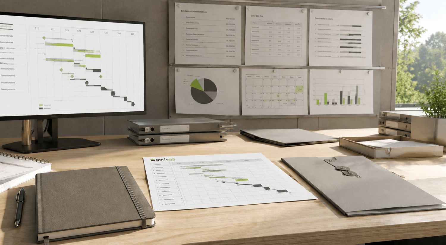 Organisation administrative structurée dans un environnement professionnel sobre
