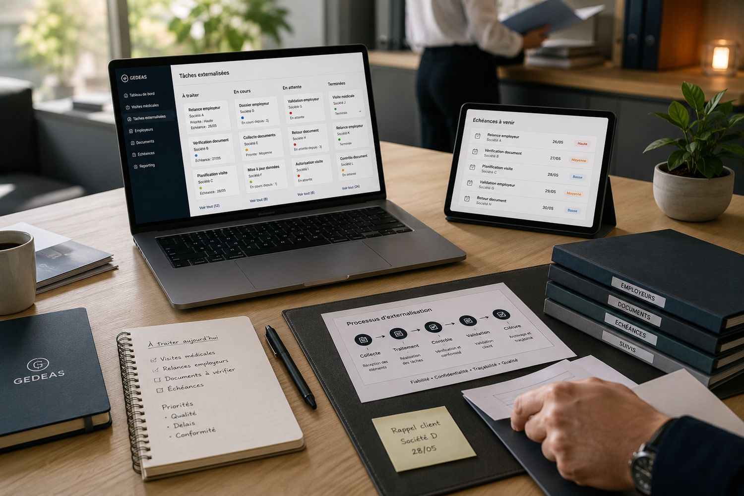 Organisation administrative avec suivi des tâches externalisées et indicateurs simples