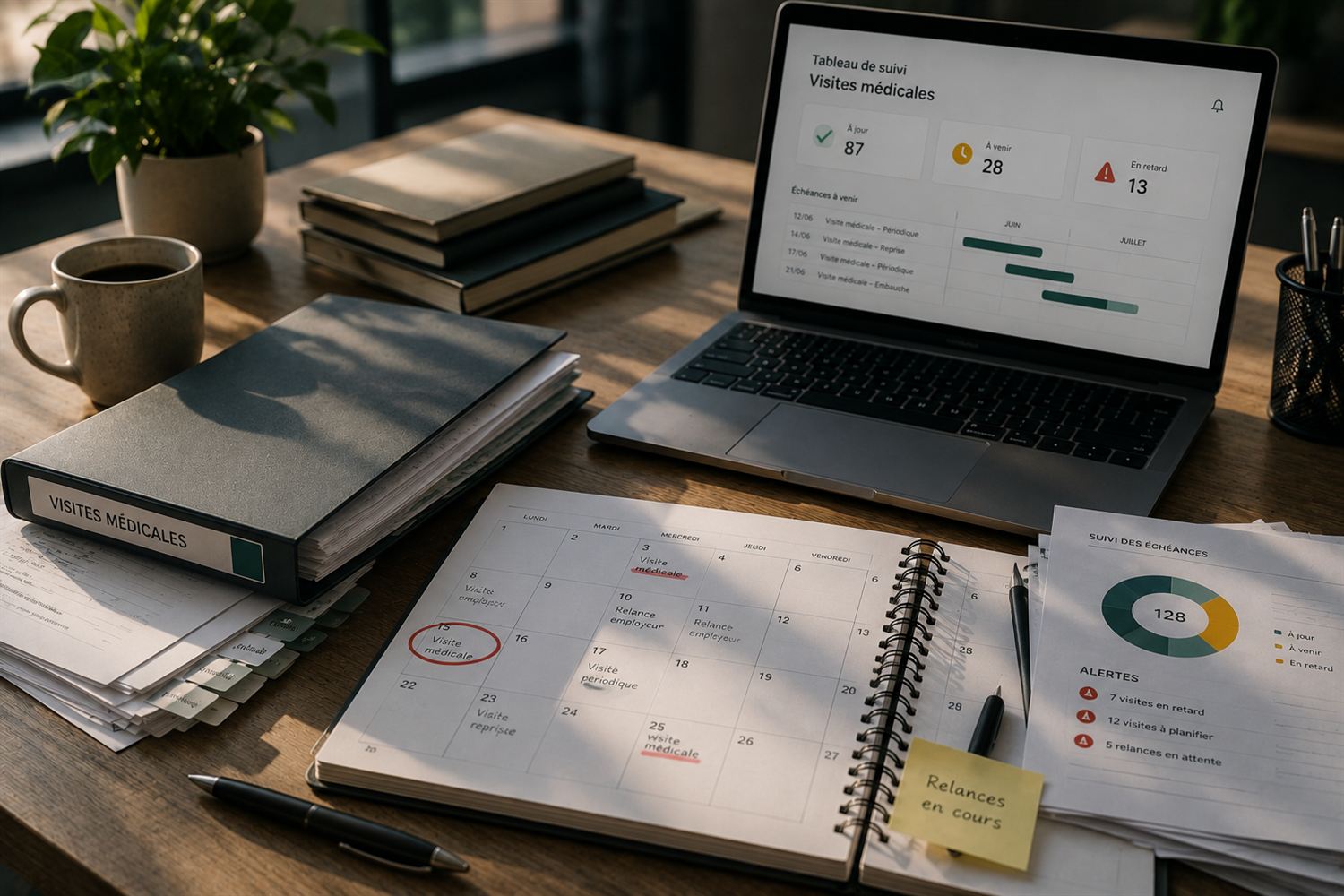 Dossier organisé et tableau de suivi des visites médicales sur un bureau