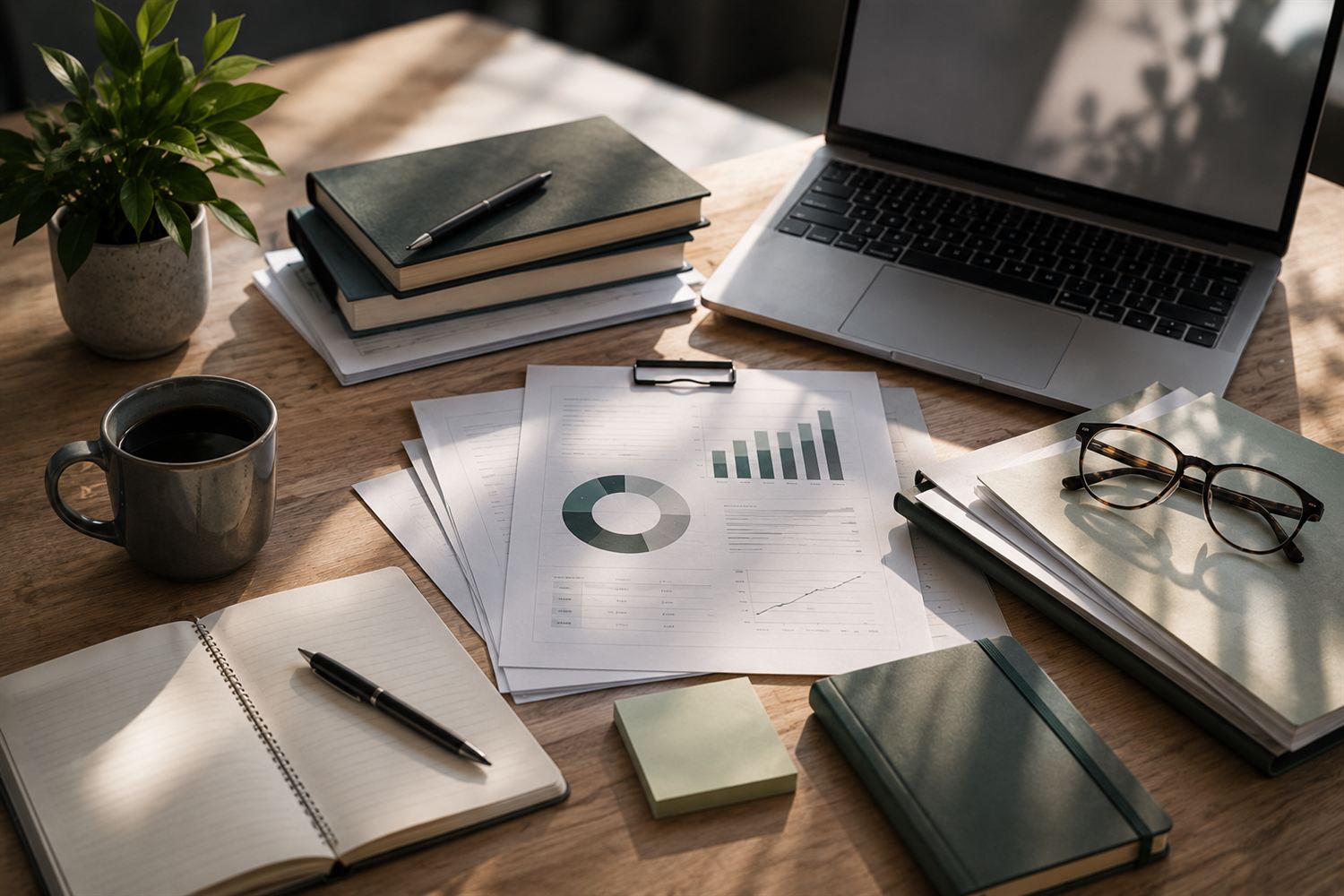 Bureau organisé avec documents et indicateurs pour préparer des analyses RH et conformité