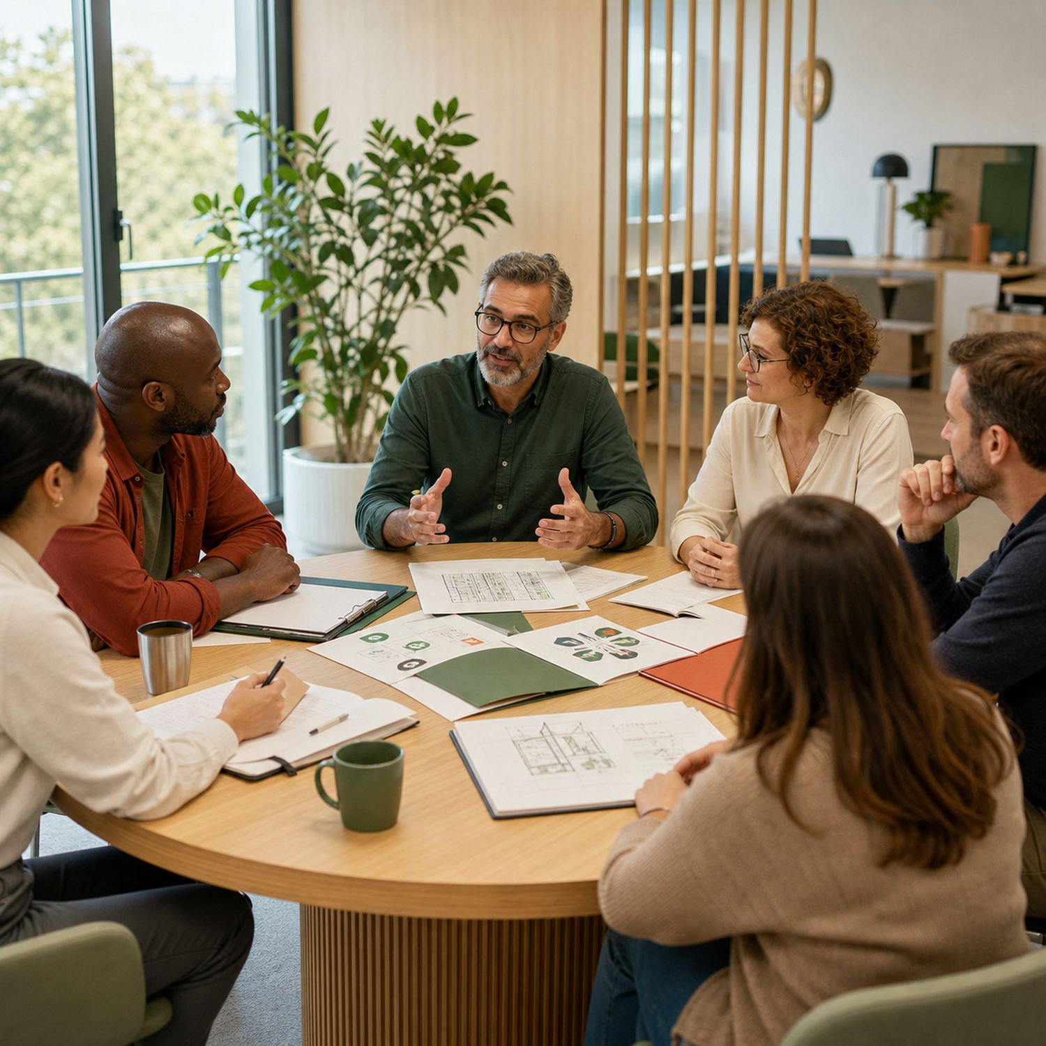 Équipe pluridisciplinaire réunie autour d’une table ronde sous la coordination d’un interlocuteur central