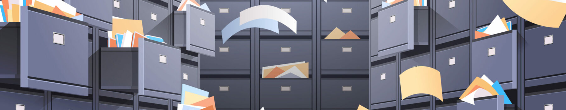 office wall of filing cabinet with open card catalog and flying documents data archive storage business administration concept horizontal vector illustration